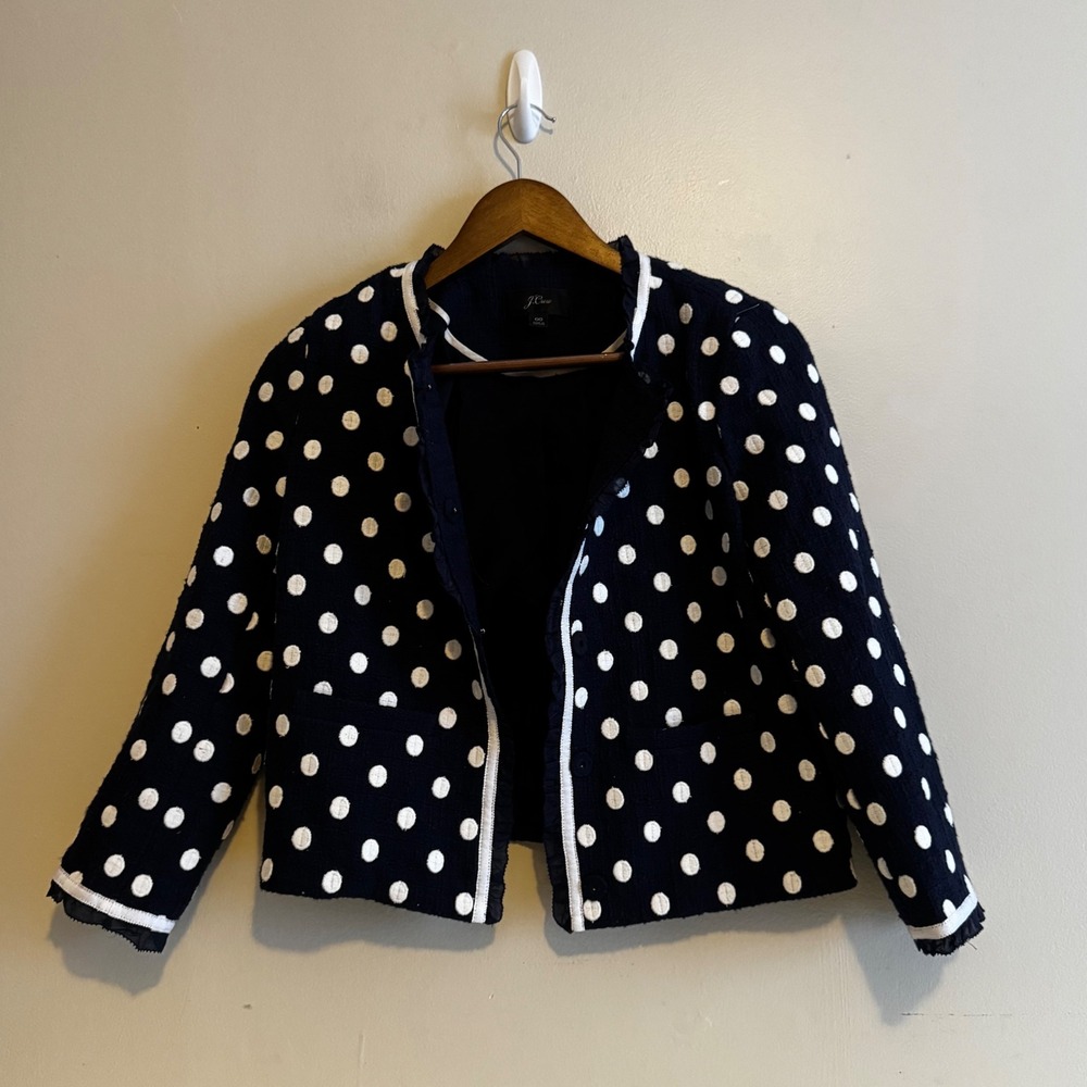 J.Crew Women's Sz 00 Navy White Polka Dot Ruffle Trim Cotton Blazer Jacket Fall